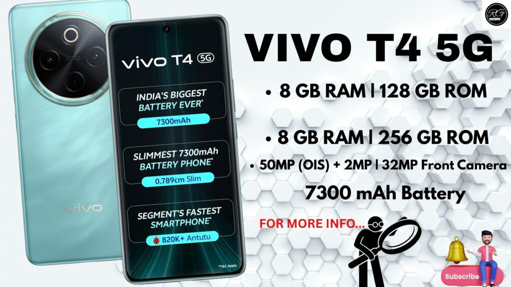 Vivo T4 5G smartphone with 6.77-inch 120Hz AMOLED display, 50MP OIS dual rear camera, and Emerald Blaze finish